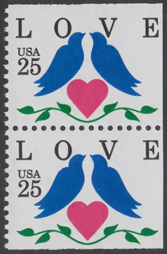USA Michel 2073D / Scott 2441 postfrisch vert.PAAR (oben / rechts / unten ungezähnt) - Grußmarken: Tauben, Herz