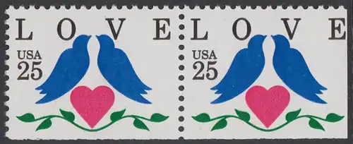 USA Michel 2073D / Scott 2441 postfrisch horiz.PAAR (rechts & unten ungezähnt) - Grußmarken: Tauben, Herz