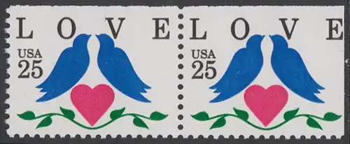 USA Michel 2073D / Scott 2441 postfrisch horiz.PAAR (rechts & oben ungezähnt) - Grußmarken: Tauben, Herz