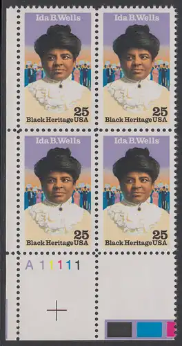USA Michel 2074 / Scott 2442 postfrisch PLATEBLOCK ECKRAND unten links m/ Platten-# A11111 - Schwarzamerikanisches Erbe: Ida B. Wells (1862-1931), Bürgerrechtlerin