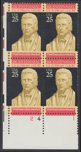 USA Michel 2075 / Scott 2415 postfrisch PLATEBLOCK ECKRAND unten links m/ Platten-# 214 - 200 Jahre Oberster Gerichtshof: John Marshall (1755-1835), Jurist und Politiker