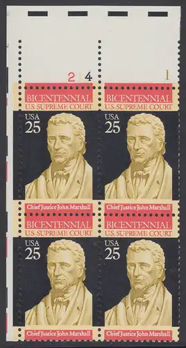 USA Michel 2075 / Scott 2415 postfrisch PLATEBLOCK ECKRAND oben links m/ Platten-# 214 - 200 Jahre Oberster Gerichtshof: John Marshall (1755-1835), Jurist und Politiker