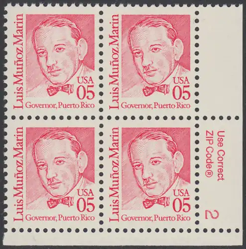 USA Michel 2077 / Scott 2173 postfrisch PLATEBLOCK ECKRAND unten rechts m/ Platten-# 2 - Amerikanische Persönlichkeiten: Luis Muñoz Marin (1898-1980), 1. Gouverneur von Puerto Rico