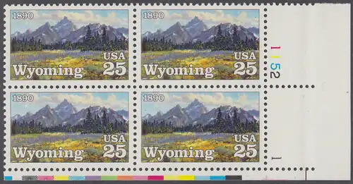 USA Michel 2078 / Scott 2444 postfrisch PLATEBLOCK ECKRAND unten rechts m/ Platten-# 2594/1 - 100 Jahre Staat Wyoming: Grand-Teton-Gebirge