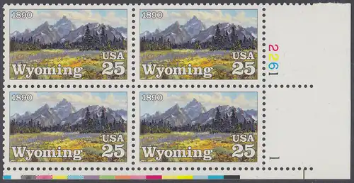 USA Michel 2078 / Scott 2444 postfrisch PLATEBLOCK ECKRAND unten rechts m/ Platten-# 1152/1 - 100 Jahre Staat Wyoming: Grand-Teton-Gebirge