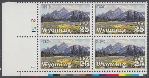 USA Michel 2078 / Scott 2444 postfrisch PLATEBLOCK ECKRAND unten links m/ Platten-# 1 - 100 Jahre Staat Wyoming: Grand-Teton-Gebirge
