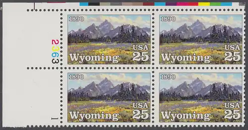USA Michel 2078 / Scott 2444 postfrisch PLATEBLOCK ECKRAND oben links m/ Platten-# 2363 - 100 Jahre Staat Wyoming: Grand-Teton-Gebirge