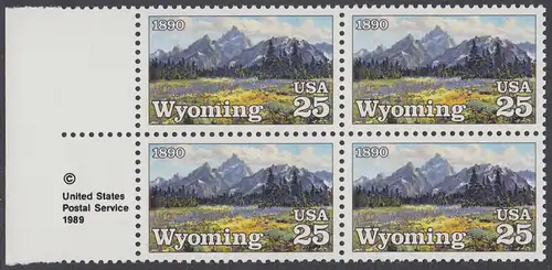 USA Michel 2078 / Scott 2444 postfrisch BLOCK RÄNDER rechts m/ copyright symbol - 100 Jahre Staat Wyoming: Grand-Teton-Gebirge