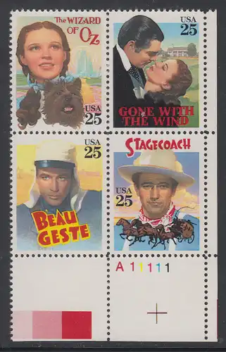 USA Michel 2079-2082 / Scott 2445-2448 postfrisch PLATEBLOCK ECKRAND unten rechts m/ Platten-# A11111 (b) - Klassische Filme: Kinoplakate