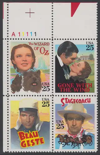 USA Michel 2079-2082 / Scott 2445-2448 postfrisch PLATEBLOCK ECKRAND oben links m/ Platten-# A11111 (b) - Klassische Filme: Kinoplakate