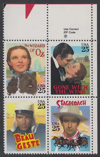 USA Michel 2079-2082 / Scott 2445-2448 postfrisch ZIP-BLOCK (ur) - Klassische Filme: Kinoplakate