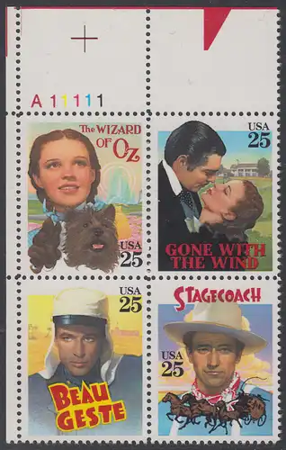 USA Michel 2079-2082 / Scott 2445-2448 postfrisch PLATEBLOCK ECKRAND oben links m/ Platten-# A11111 (a) - Klassische Filme: Kinoplakate