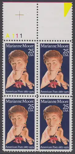 USA Michel 2083 / Scott 2449 postfrisch BLOCK RÄNDER oben m/ Platten-# A111 - Marianne Moore (1887-1972), Schriftstellerin