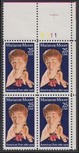 USA Michel 2083 / Scott 2449 postfrisch PLATEBLOCK ECKRAND oben rechts m/ Platten-# A111 - Marianne Moore (1887-1972), Schriftstellerin