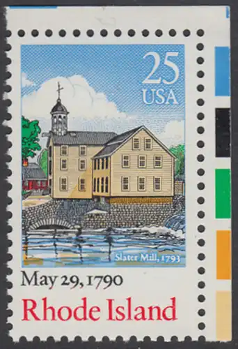 USA Michel 2091 / Scott 2348 postfrisch EINZELMARKE ECKRAND oben rechts - 200. Jahrestag der Ratifizierung der Verfassung durch den Staat Rhode Island: Slater-Mühle, Pawtucket (erbaut 1793)