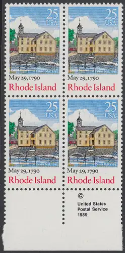 USA Michel 2091 / Scott 2348 postfrisch BLOCK RÄNDER unten m/ copyright symbol - 200. Jahrestag der Ratifizierung der Verfassung durch den Staat Rhode Island: Slater-Mühle, Pawtucket (erbaut 1793)