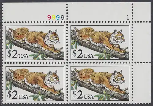 USA Michel 2092 / Scott 2482 postfrisch PLATEBLOCK ECKRAND oben rechts m/ Platten-# 9999-1 (c) - Tiere: Rotluchs