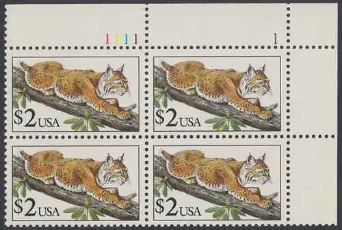 USA Michel 2092 / Scott 2482 postfrisch PLATEBLOCK ECKRAND oben rechts m/ Platten-# 1111-1 (a) - Tiere: Rotluchs