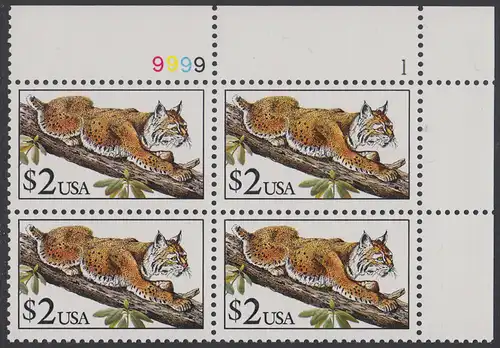 USA Michel 2092 / Scott 2482 postfrisch PLATEBLOCK ECKRAND oben rechts m/ Platten-# 9999-1 (d) - Tiere: Rotluchs