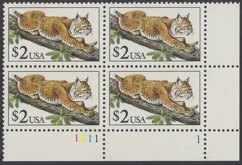 USA Michel 2092 / Scott 2482 postfrisch PLATEBLOCK ECKRAND unten rechts m/ Platten-# 1211-1 (c) - Tiere: Rotluchs