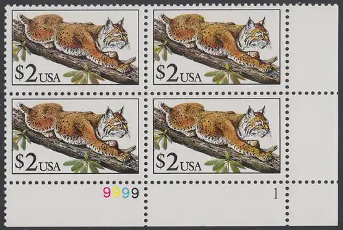 USA Michel 2092 / Scott 2482 postfrisch PLATEBLOCK ECKRAND unten rechts m/ Platten-# 9999-1 (a) - Tiere: Rotluchs