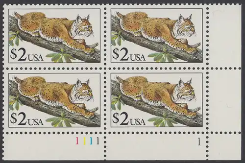 USA Michel 2092 / Scott 2482 postfrisch PLATEBLOCK ECKRAND unten rechts m/ Platten-# 1111-1 (b) - Tiere: Rotluchs