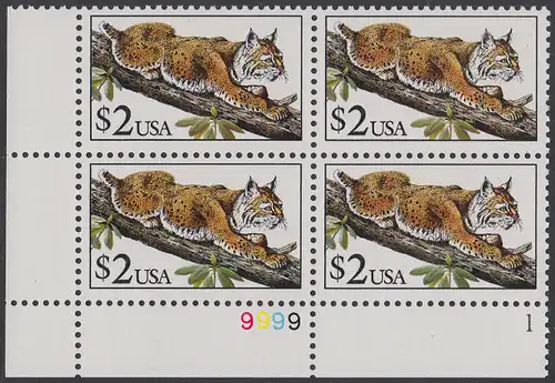 USA Michel 2092 / Scott 2482 postfrisch PLATEBLOCK ECKRAND unten links m/ Platten-# 9999 - Tiere: Rotluchs