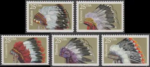 USA Michel 2098 / Scott 2505 postfrisch SATZ(5) EINZELMARKEN (aus Markenheft / a2) - Indianer-Kopfschmuck