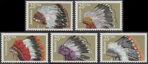 USA Michel 2098 / Scott 2505 postfrisch SATZ(5) EINZELMARKEN (aus Markenheft / a1) - Indianer-Kopfschmuck