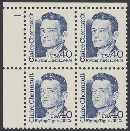 USA Michel 2104 / Scott 2187 postfrisch PLATEBLOCK ECKRAND oben links m/ Platten-# 1 (a) - Amerikanische Persönlichkeiten: Claire Lee Chennault (1890-1958), Generalleutnant der Luftwaffe