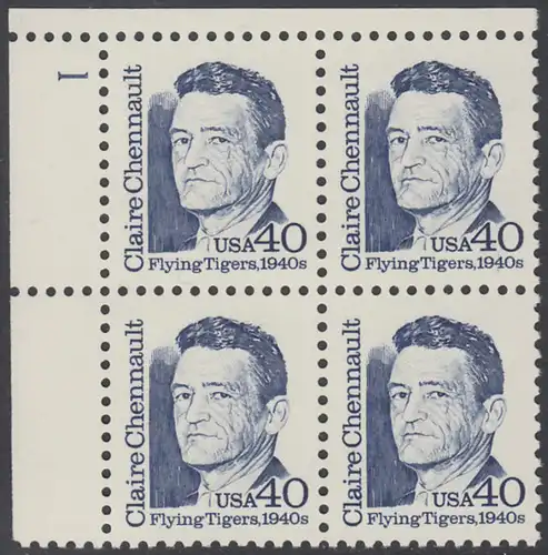 USA Michel 2104 / Scott 2187 postfrisch PLATEBLOCK ECKRAND oben links m/ Platten-# 1 (b) - Amerikanische Persönlichkeiten: Claire Lee Chennault (1890-1958), Generalleutnant der Luftwaffe