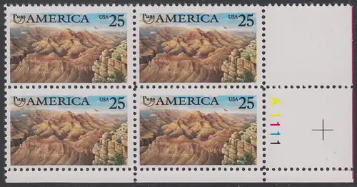 USA Michel 2111 / Scott 2512 postfrisch PLATEBLOCK ECKRAND unten rechts m/ Platten-# A1111 - Amerika: Die Natur zur Zeit der Entdeckung; Grand Canyon