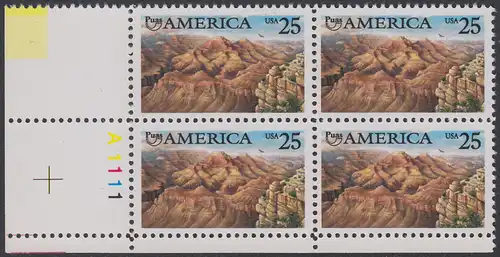 USA Michel 2111 / Scott 2512 postfrisch PLATEBLOCK ECKRAND unten links m/ Platten-# A1111 - Amerika: Die Natur zur Zeit der Entdeckung; Grand Canyon