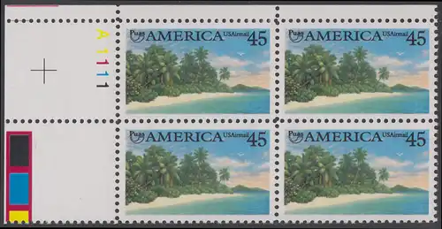 USA Michel 2112 / Scott C127 postfrisch PLATEBLOCK ECKRAND oben links m/ Platten-# A1111 (c) - Luftpost - Amerika: Die Natur zur Zeit der Entdeckung; Karibische Küste