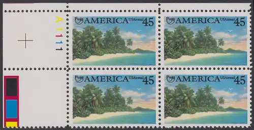 USA Michel 2112 / Scott C127 postfrisch PLATEBLOCK ECKRAND oben links m/ Platten-# A1111 (b) - Luftpost - Amerika: Die Natur zur Zeit der Entdeckung; Karibische Küste
