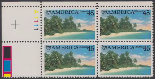 USA Michel 2112 / Scott C127 postfrisch PLATEBLOCK ECKRAND oben links m/ Platten-# A1111 (a) - Luftpost - Amerika: Die Natur zur Zeit der Entdeckung; Karibische Küste