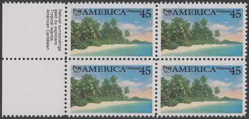 USA Michel 2112 / Scott C127 postfrisch BLOCK RÄNDER links m/ Inschrift (a1) - Luftpost - Amerika: Die Natur zur Zeit der Entdeckung; Karibische Küste