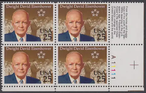 USA Michel 2113 / Scott 2513 postfrisch PLATEBLOCK ECKRAND unten rechts m/ Platten-# A11111 (b) - 100. Geburtstag von Dwight David Eisenhower (1890-1969), 34. Präsident (reg. 1953-1961)