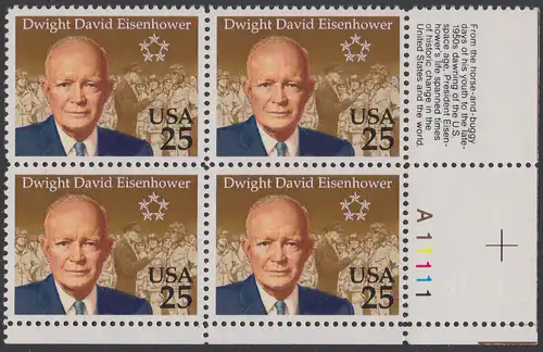 USA Michel 2113 / Scott 2513 postfrisch PLATEBLOCK ECKRAND unten rechts m/ Platten-# A11111 (a) - 100. Geburtstag von Dwight David Eisenhower (1890-1969), 34. Präsident (reg. 1953-1961)