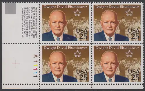 USA Michel 2113 / Scott 2513 postfrisch PLATEBLOCK ECKRAND unten links m/ Platten-# A11111 - 100. Geburtstag von Dwight David Eisenhower (1890-1969), 34. Präsident (reg. 1953-1961)