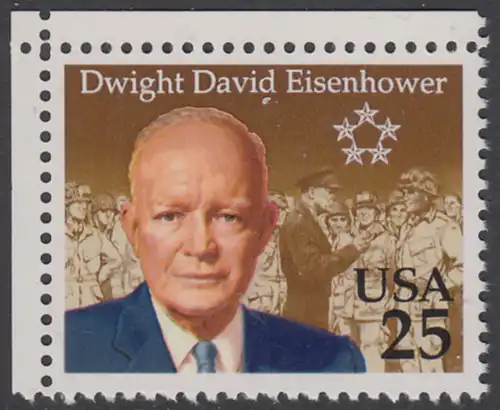 USA Michel 2113 / Scott 2513 postfrisch EINZELMARKE ECKRRAND oben links - 100. Geburtstag von Dwight David Eisenhower (1890-1969), 34. Präsident (reg. 1953-1961)