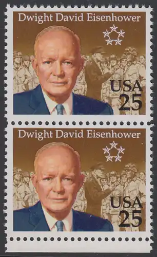 USA Michel 2113 / Scott 2513 postfrisch vert.PAAR RAND unten - 100. Geburtstag von Dwight David Eisenhower (1890-1969), 34. Präsident (reg. 1953-1961)