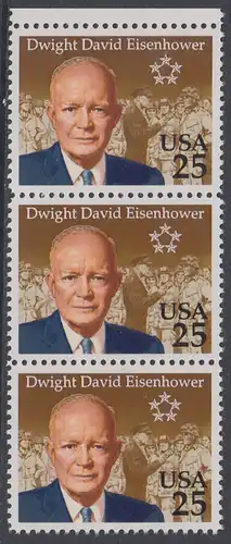 USA Michel 2113 / Scott 2513 postfrisch vert.STRIP(3) RAND oben - 100. Geburtstag von Dwight David Eisenhower (1890-1969), 34. Präsident (reg. 1953-1961)