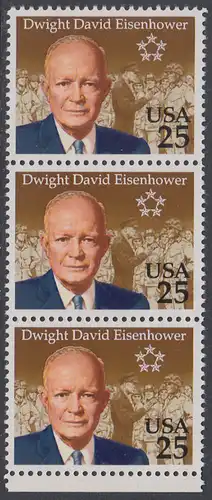 USA Michel 2113 / Scott 2513 postfrisch vert.STRIP(3) RAND unten - 100. Geburtstag von Dwight David Eisenhower (1890-1969), 34. Präsident (reg. 1953-1961)