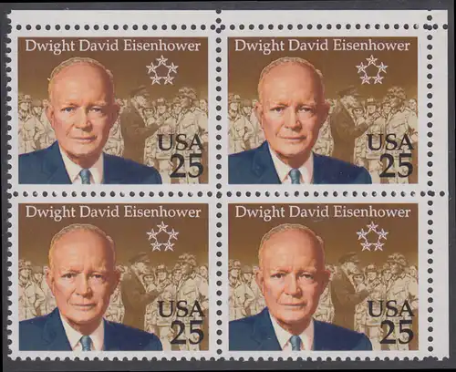 USA Michel 2113 / Scott 2513 postfrisch BLOCK ECKRAND oben rechts - 100. Geburtstag von Dwight David Eisenhower (1890-1969), 34. Präsident (reg. 1953-1961)