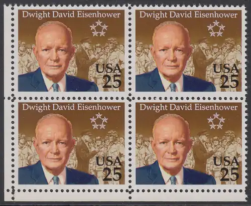 USA Michel 2113 / Scott 2513 postfrisch BLOCK ECKRAND unten links - 100. Geburtstag von Dwight David Eisenhower (1890-1969), 34. Präsident (reg. 1953-1961)