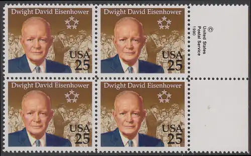 USA Michel 2113 / Scott 2513 postfrisch BLOCK RÄNDER rechts m/ copyright symbol - 100. Geburtstag von Dwight David Eisenhower (1890-1969), 34. Präsident (reg. 1953-1961)