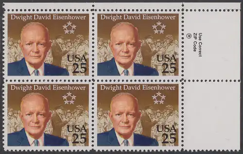 USA Michel 2113 / Scott 2513 postfrisch ZIP-BLOCK (ll) - 100. Geburtstag von Dwight David Eisenhower (1890-1969), 34. Präsident (reg. 1953-1961)