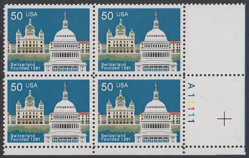 USA Michel 2120 / Scott 2532 postfrisch PLATEBLOCK ECKRAND unten rechts m/ Platten-# A11111 - 700 Jahre Schweizerische Eidgenossenschaft: Verbindungen Schweiz - USA: Bundeshaus, Bern; Kapitol, Washington, DC