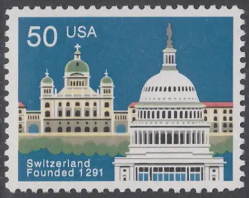 USA Michel 2120 / Scott 2532 postfrisch EINZELMARKE - 700 Jahre Schweizerische Eidgenossenschaft: Verbindungen Schweiz - USA: Bundeshaus, Bern; Kapitol, Washington, DC